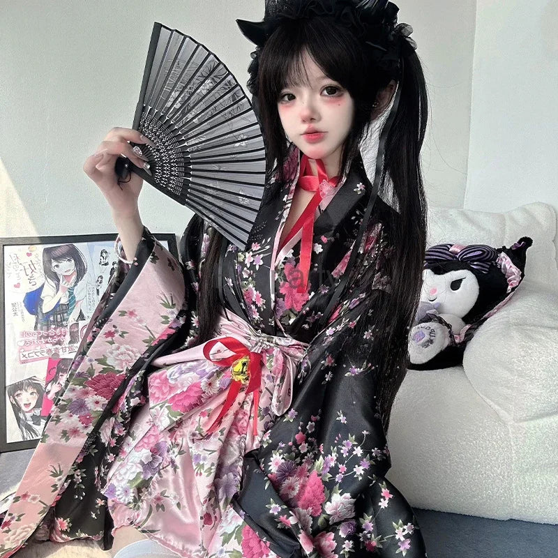6pcs Traditional Japanese Kimono Robe Kawaii Pink Sakura Printed Bowknot Lolita Dress Halloween Party Geisha Cosplay Costumes
