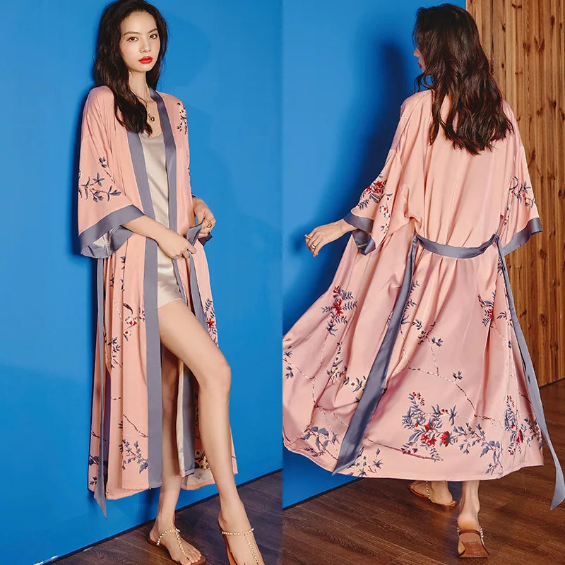 Oversize Long Robe Spring Summer Women Sleepwear Kimono Bathrobe Gown Sexy Satin Nightwear Nightgown Loose Home Dressing Gown