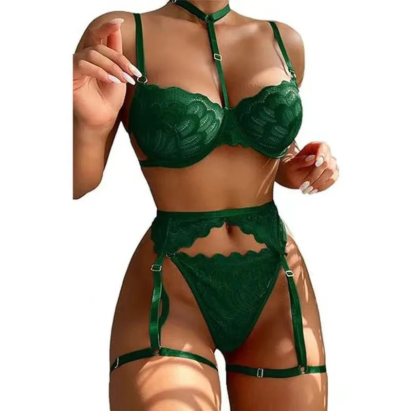 Toucheart Sexy Interesting Underwear For Women Halter Bra Garter Belt Girdle Suit Solid Color Mesh See-Through Sexy Lingerie Set