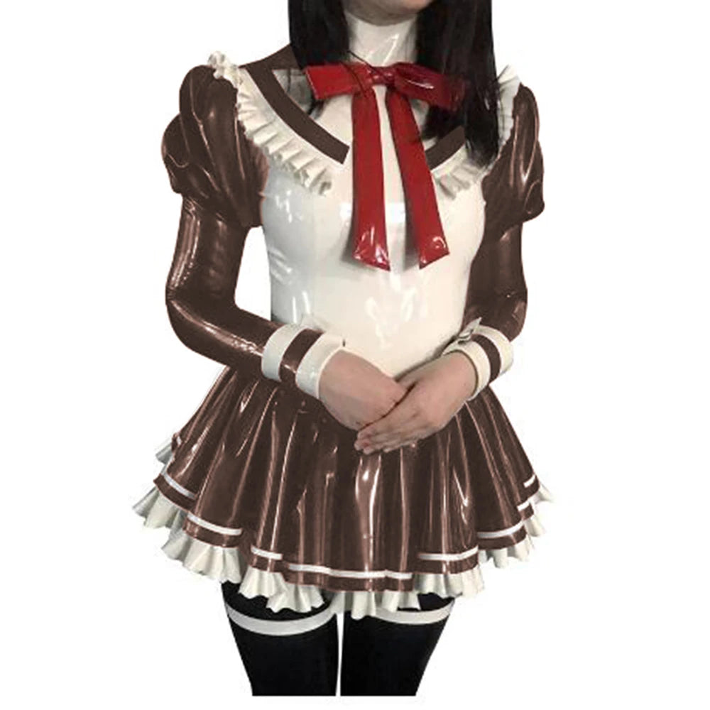 Cosplay Custom Mini Dress Sexy Faux Latex French Maid Club Dresses Long Puffs Sleeves Ruffles PVC Uniform Outfit Clubwear