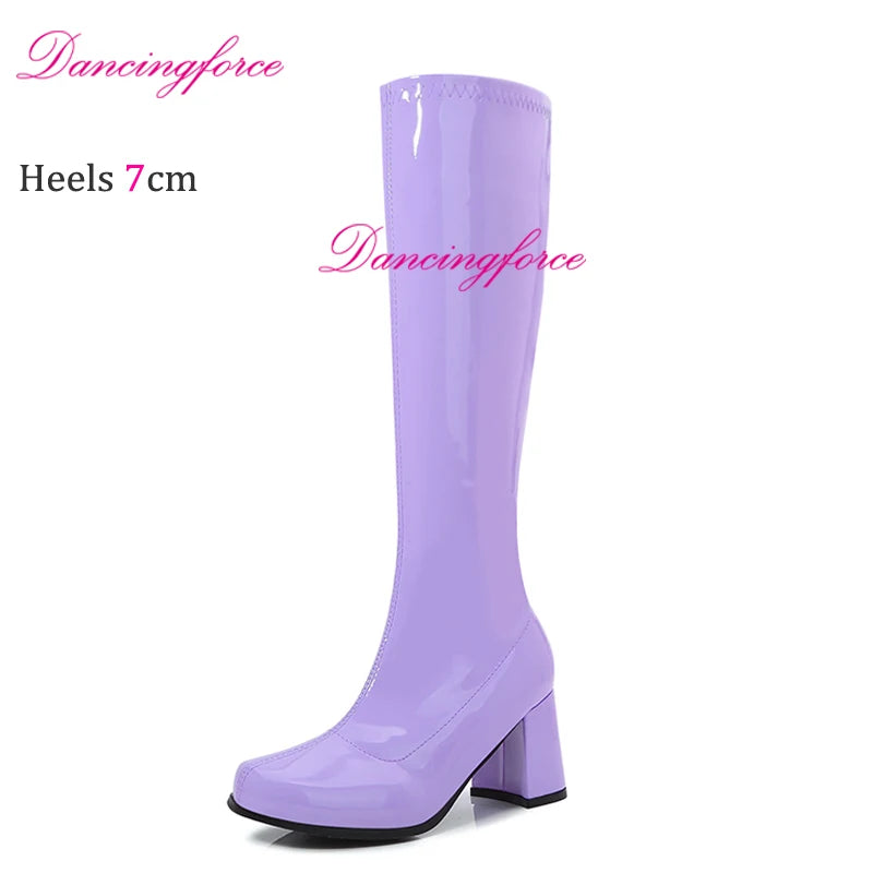 Orange Sexy Retro 60s 70s Gogo Boots 7cm Chunky Block Heel Club Knee High Boots CrossDressing Unisex Shoes Women