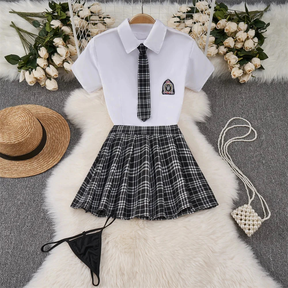 Toucheart Preppy Style Sexy Uniform Sets Women Sexy Uniform Suit Sheer Top+Lace Up Mini Skirt+Thongs Hollow Cosplay Porn Suits