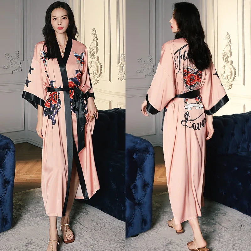 Oversize Long Robe Spring Summer Women Sleepwear Kimono Bathrobe Gown Sexy Satin Nightwear Nightgown Loose Home Dressing Gown