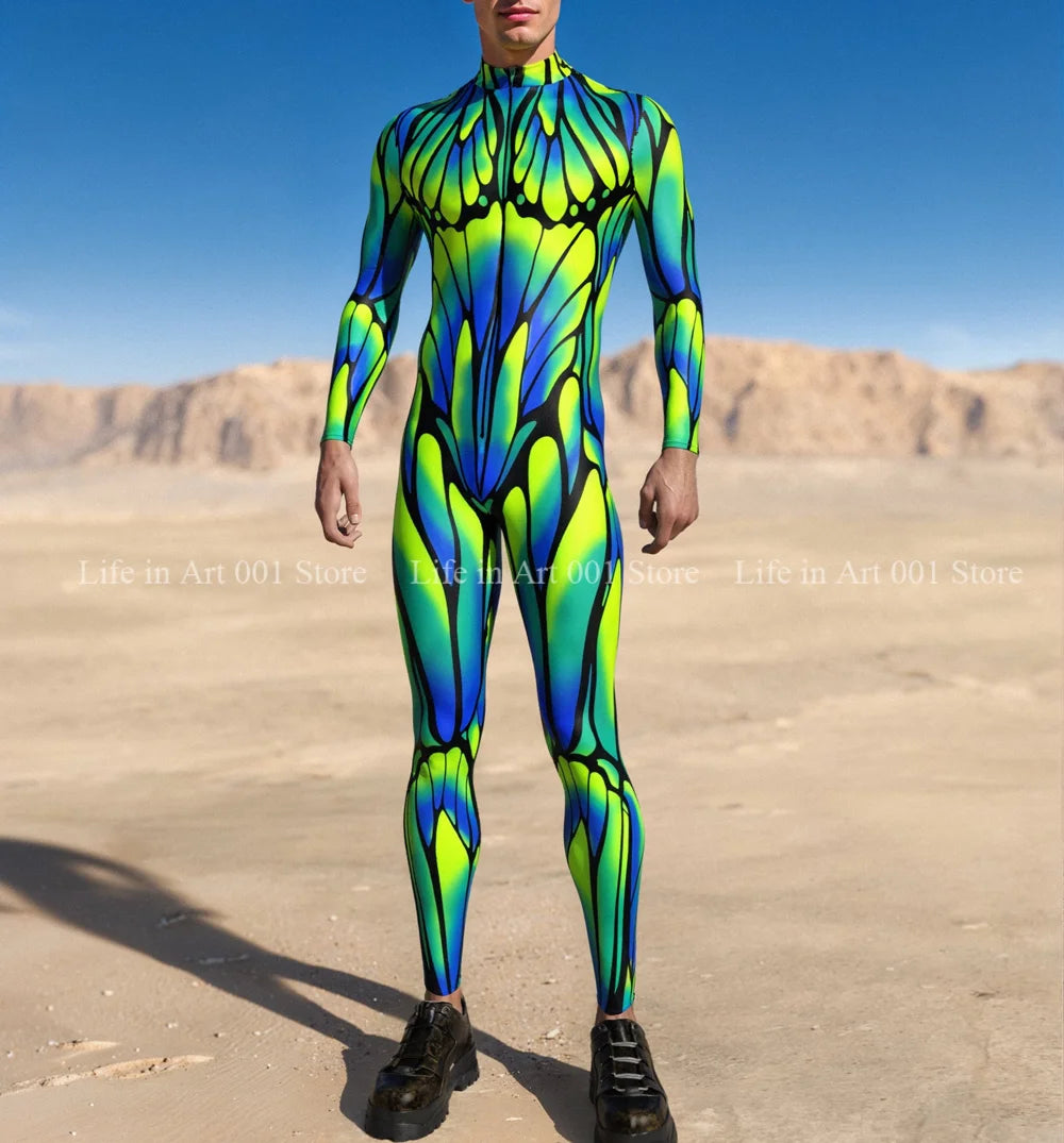 Men Women Butterfly Line Cyber Jumpsuit Holiday Halloween Shows Cosplay Bodysuit Party Zentai Suit Romper Performance Costume