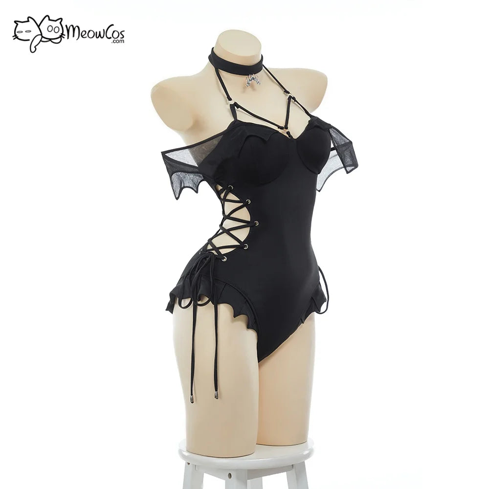 MEOWCOS Women Gothic Swimsuit Black Bat One Piece Swimsuit Dark Bat Style Vintage Bat Design Cross Lace-up Retro Dark Swimwear