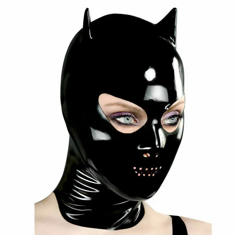 Adult Latex Hood Mask with Pink Cat Ears Back Zipper Rubber Head Mask Pretty Women Cosplay Costumes Props