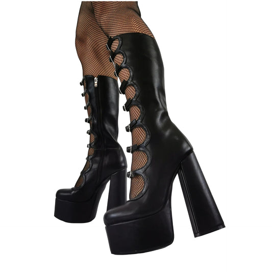 Thick Sole Black Hollow Calf Boots, Side Zipper Rough Square Heel Pole Dance Shoes, Super Heel Sexy Boots Large Size Footwear