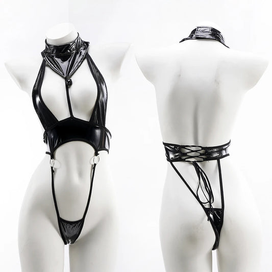 Sexy Black PU Bodysuit Lingerie Open Chest One Piece Swimwear Pool Party Swimsuit Pool Party Costume