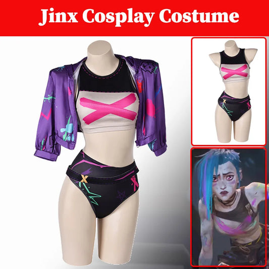 Game LOL Arcane Jinx Swimsuits Swimwear Cosplay Costume Women Summer Sexy Bikini Tops Shorts With Cloak Halloween Party Suits