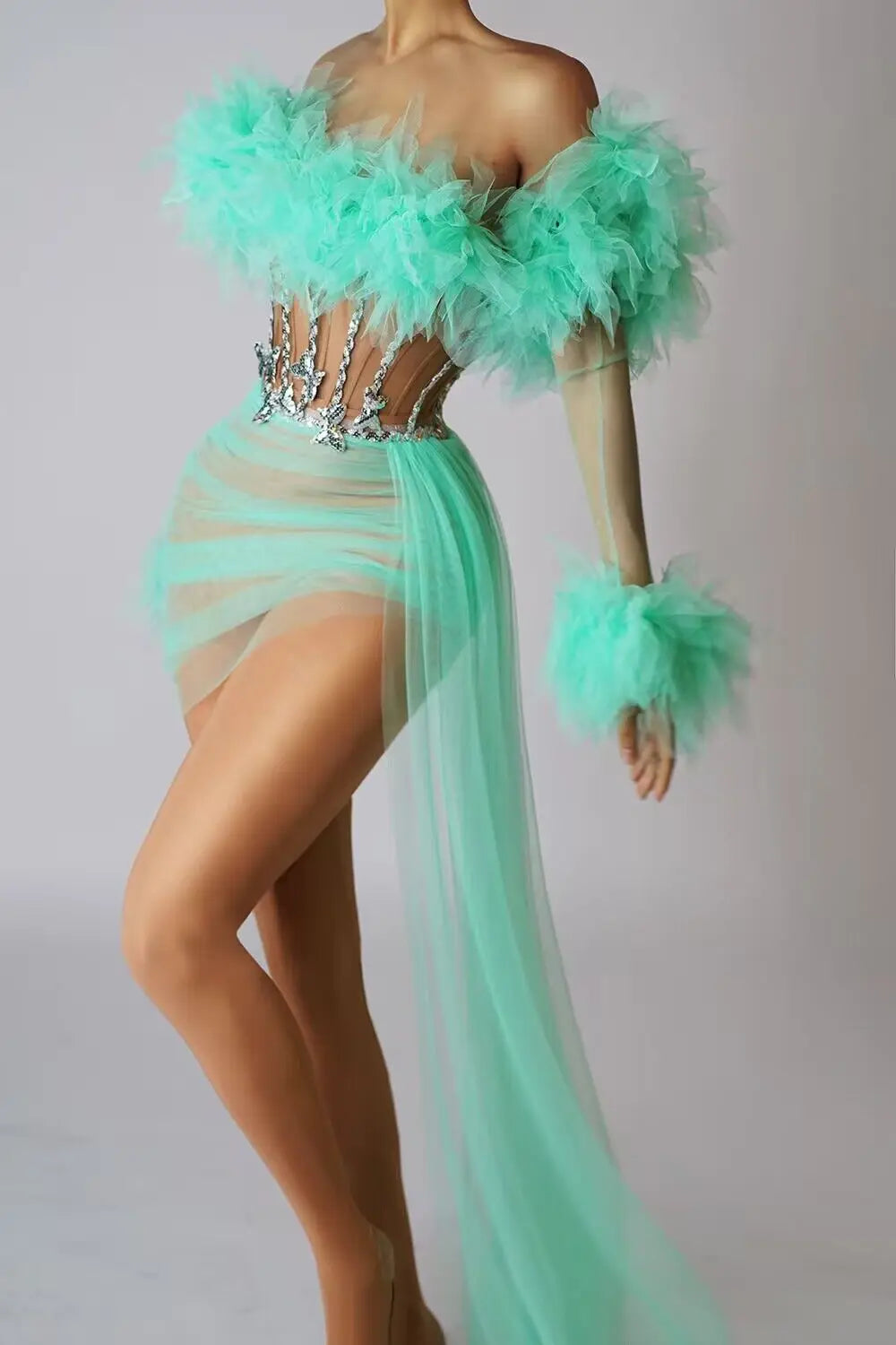 ASHBURN™ PLUME AFFAIR: Multi-Color Feathered Corset Gown with Side Drape