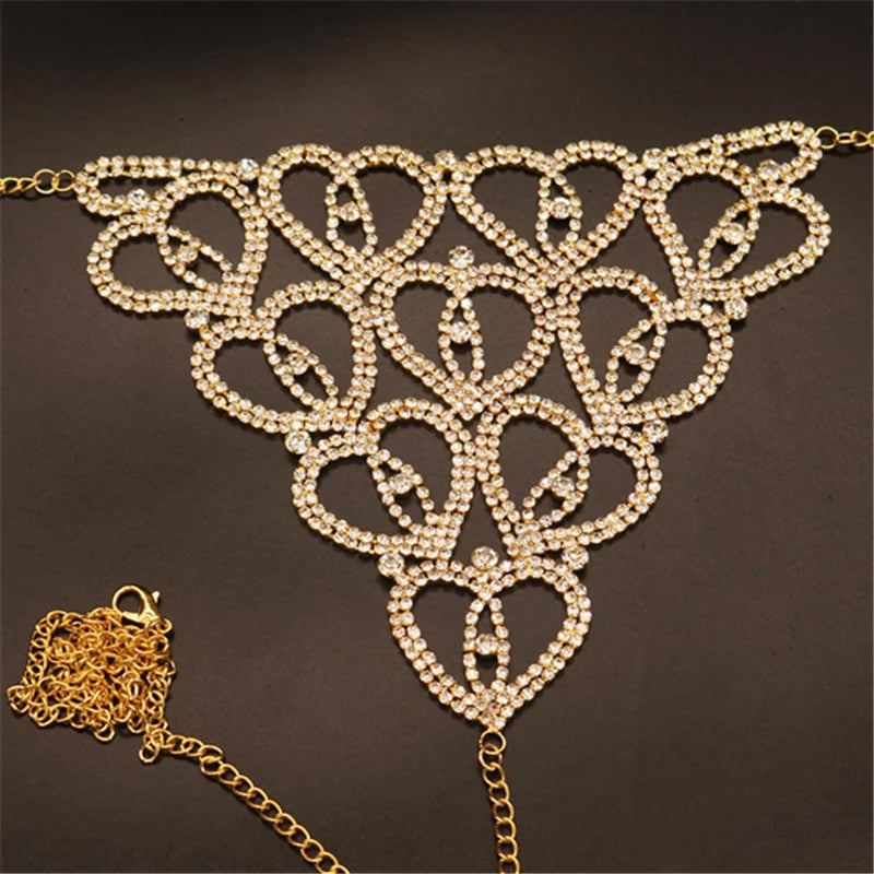 Fashion Sexy Rhinestone Heart Body Chain Harness for Women Luxury Lingerie Bling Bikini Bra and Thong Set Jewelry