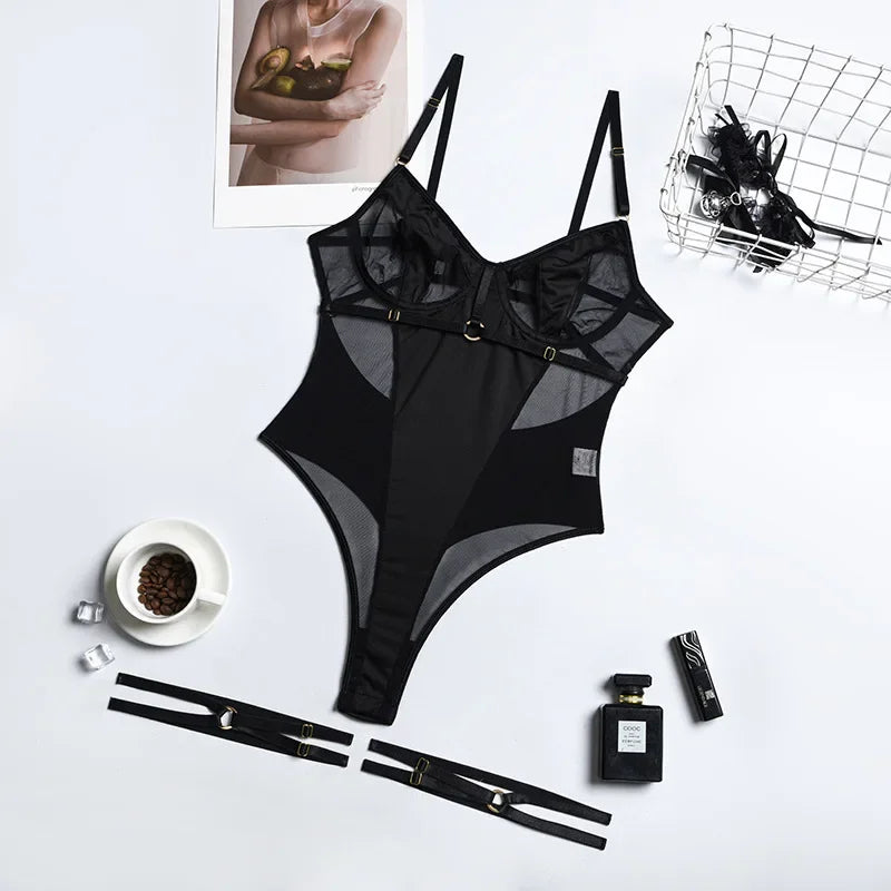 Toucheart Sexy Lingerie Women's Jumpsuit Mesh Splicing Backless Sexy Strappy Bodysuit Sleeveless Mesh See-through Underwear New