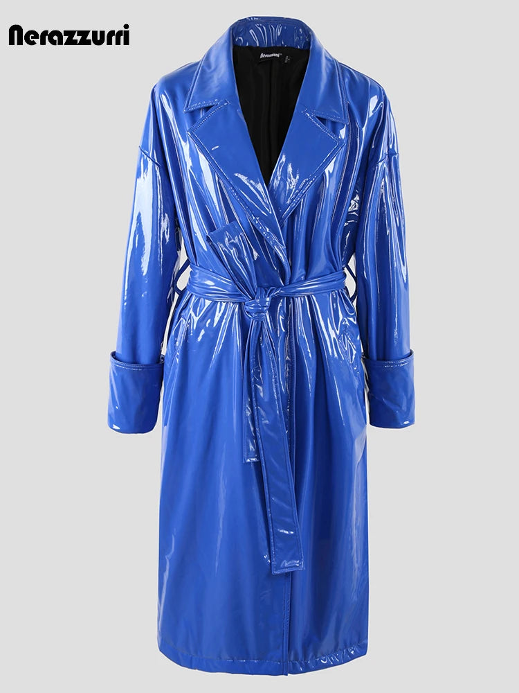 Nerazzurri Autumn Long Oversized Shiny Reflective Soft Blue Patent Faux Leather Trench Coat for Women Sashes European Fashion