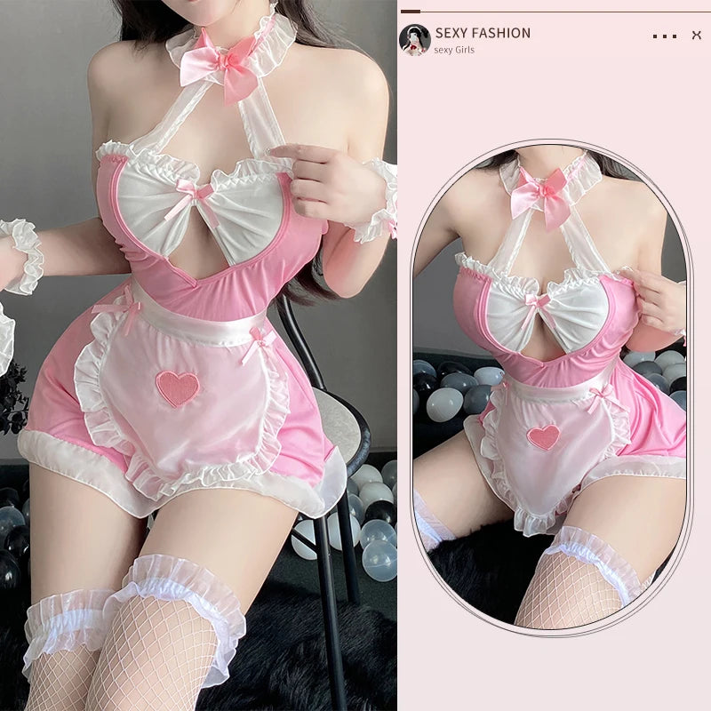 Maid Outfit Lolita Cosplay Lingerie Pajamas Sexy Kawaii Club Costume Black White Women Uniform Babydoll Dress Bowknot Costumes