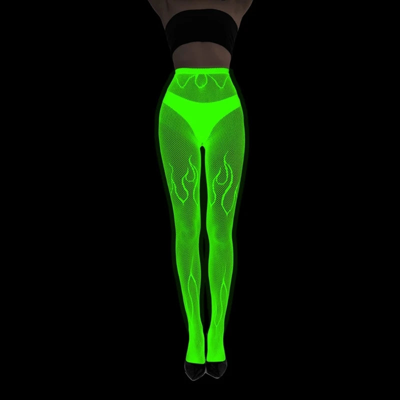 Women Glow in Dark Halloween Fishnet Pantyhose Luminously Spiderweb Skull Pattern Mesh Tights Stockings Party Hosiery