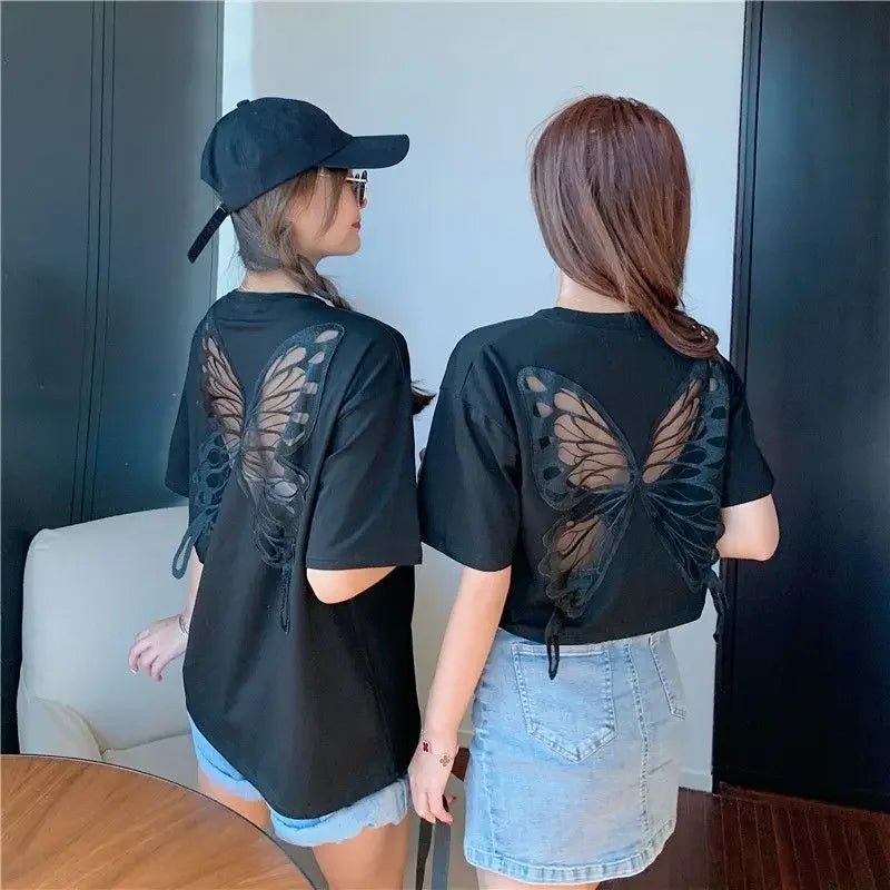 Women's T-shirt Mesh Cotton Female Top 90s Vintage Harajuku Fashion Korean Yk2 Goth Y2k Clothing Pulovers Youthful Clothes 2025
