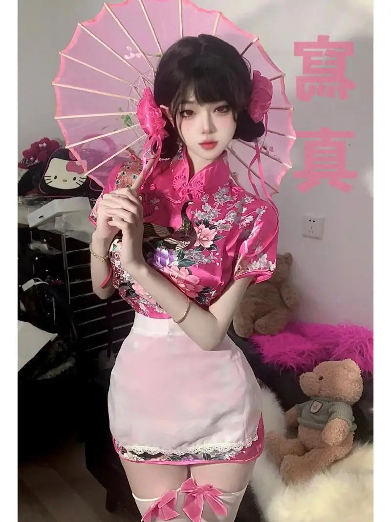 Chinese Cooking Style Hanfu Sexy Dress Girl Pure Desire Style Spicy Girl Dress Improved Cheongsam Dress For Women With Apron Set