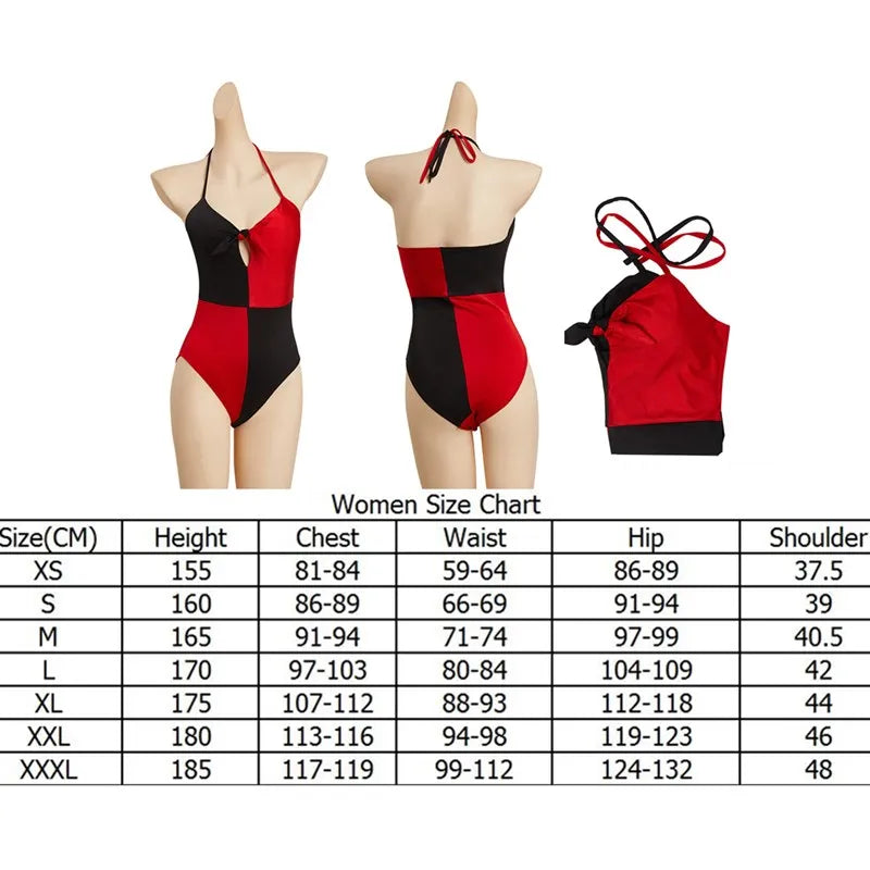 Quinzel Cosplay Costume Adult/Women Jumpsuit Bikini Top Shorts Neckband Swimsuit Outfits Halloween Carnival Party Disguise Suit