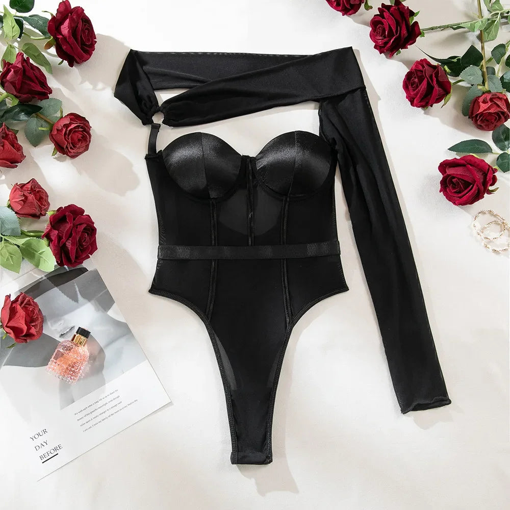 Toucheart Sexy Lingerie One-shoulder Sleeve Body Shaping Jumpsuit Women Push-up Chest Cotton Splicing Mesh Perspective Underwear