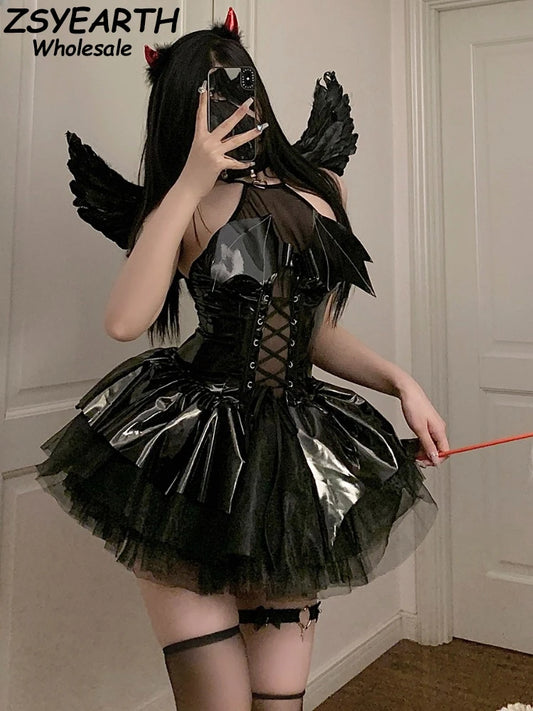 Sexy Demon Costumes Witch Lingerie Women Halloween Cosplay Devil Bandage Mini Skirt Erotic Female Leather See Through Underwear