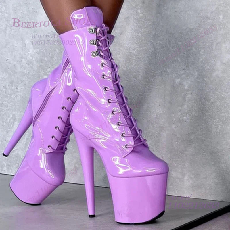 Sky Blue Light Platform Lace Up Calf Boots Women Pole Dancing 6/7/8 Inches Custom Color Round Sexy Booties Stiletto Party Shoes
