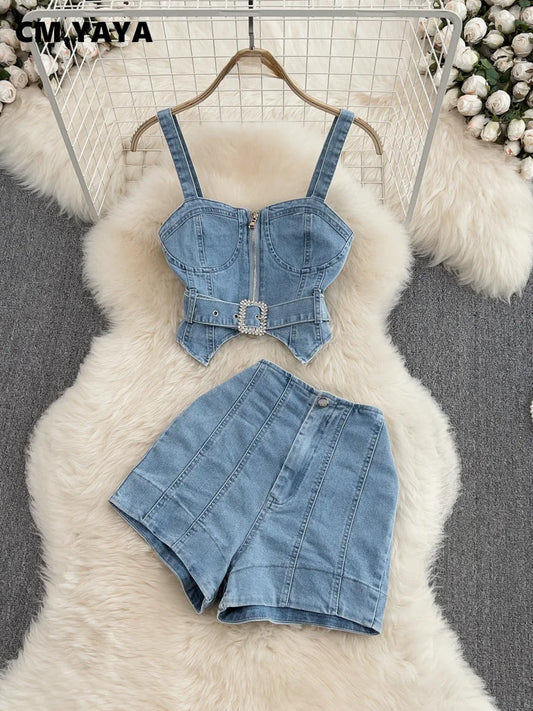 CM.YAYA Women Set Denim Strapless Belt Top +Mini shorts Sets Street Casual Two 2 Piece Set Sexy Party Outfit 2024 Summer