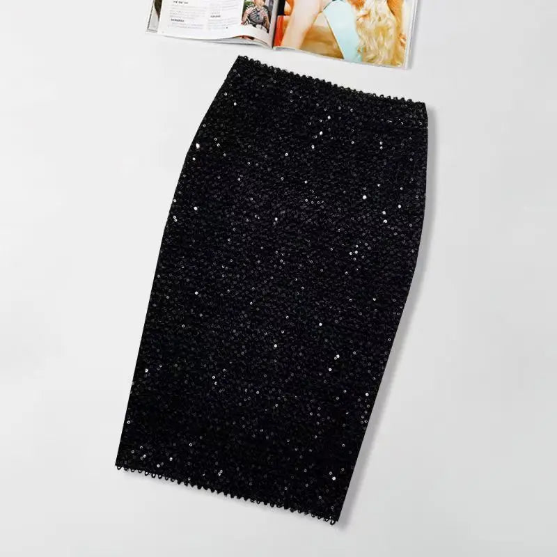 Sequin Bodycon Pencil Skirt Women Sexy High Waist Office Ladies Work Midi Skirt Spring Summer Solid Color