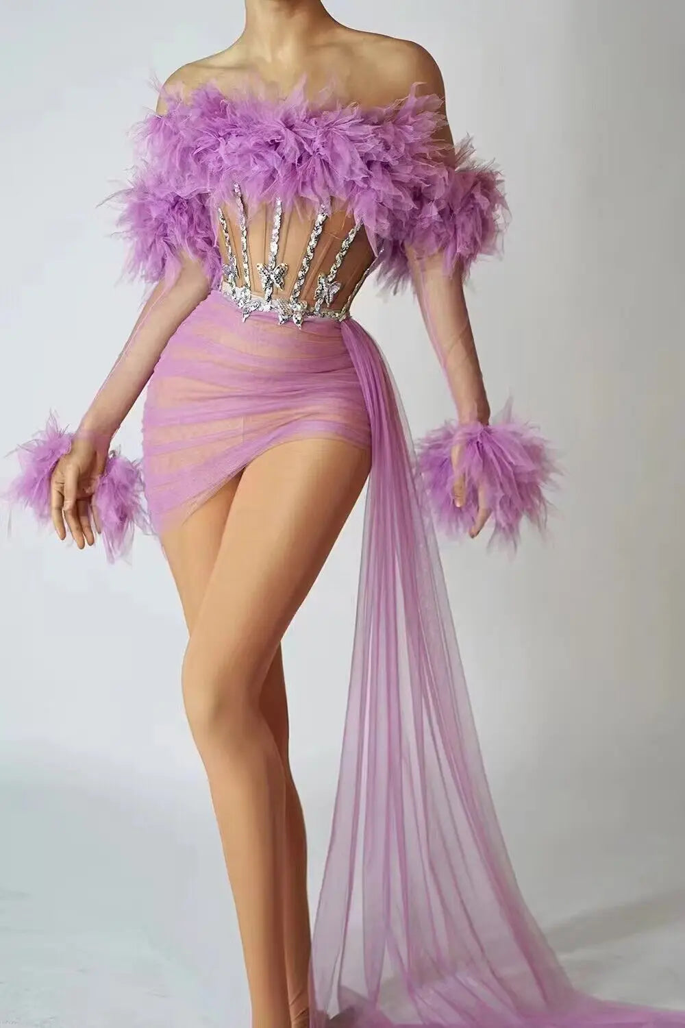 ASHBURN™ PLUME AFFAIR: Multi-Color Feathered Corset Gown with Side Drape