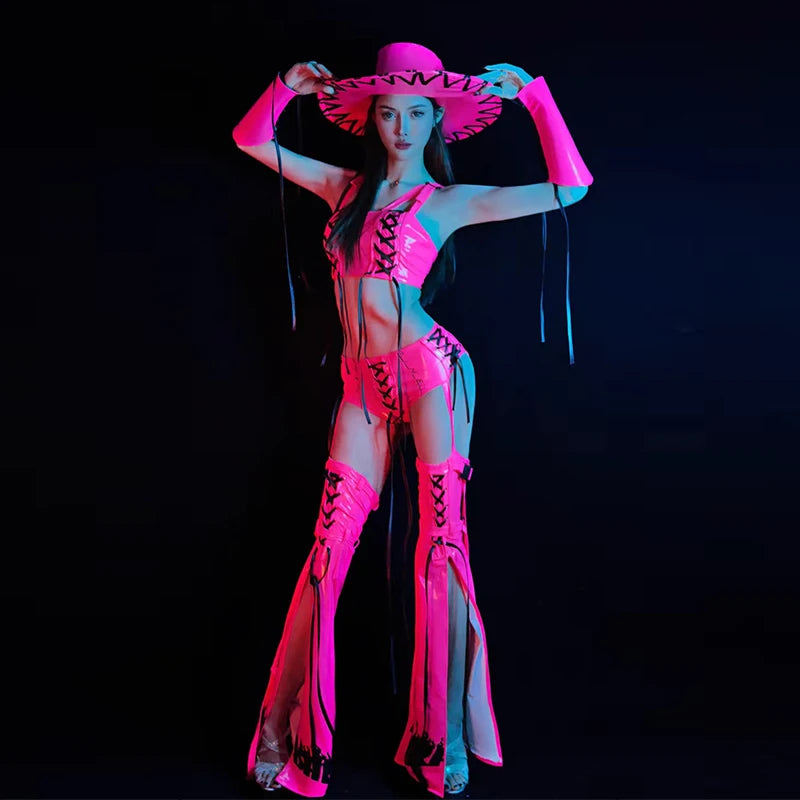 Nightclub Bar Gogo Dance Costume Women Fluorescence Pink Jazz Dancing Outfit Adult Clubwear Party Ds Dj Rave Clothing VDB7832