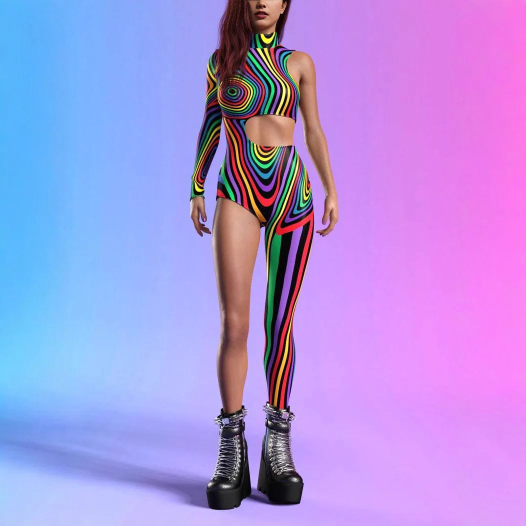 Asymmetrical Holiday Bodysuit Costume Colorful Rainbow Jumpsuit Women Cyberpunk Cosplay Halloween Party Performance Tights Suit