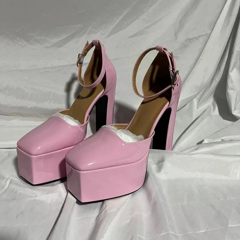 Women's Pumps Shoes New Fashion Spring Summer Shoes Chunky High Heels Platform Black Pink Ankle Strap Dress Party Shoes 43