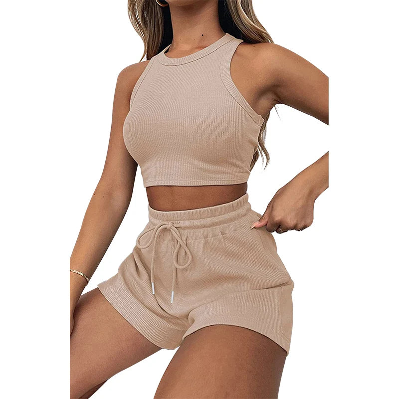 Women's Solid Waffle Textured Shorts Set, Co Ords for Women, Breathable O-Neck Crop Tank Top & Drawstring Shorts Two-piece Set