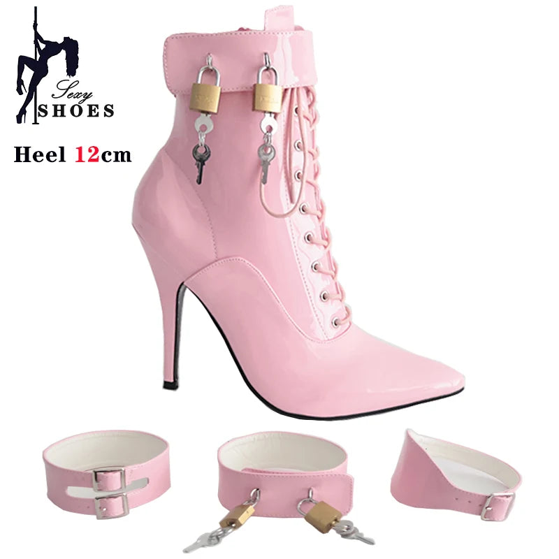 New High Heel 12cm Stilleto Sexy Ankle Boots Pointed Toe Two Lockable Padlocks Women Shoes T Show Thin High Heels Plus Size