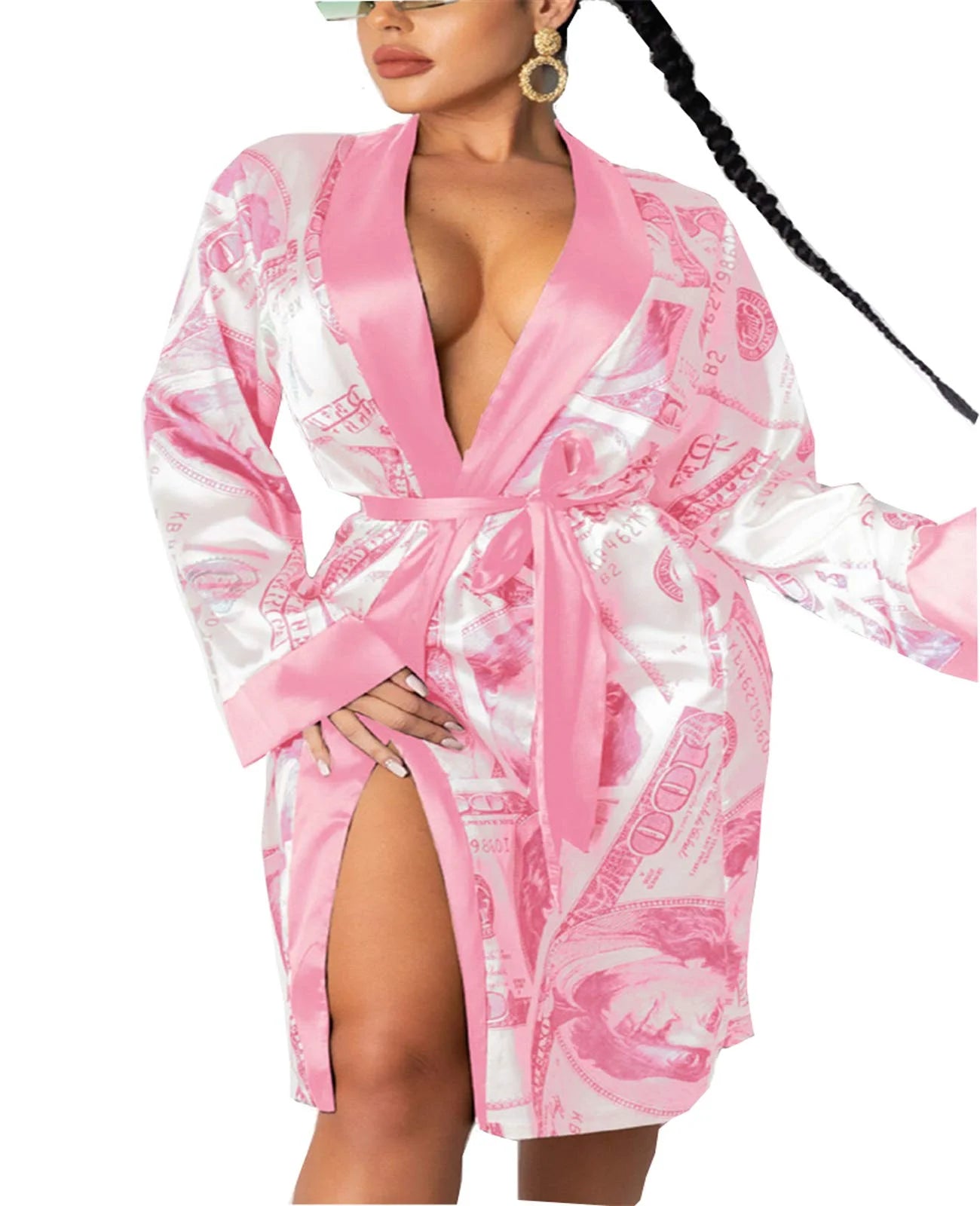 New Fashion Women Ladies Satin Silk Robes Trendy Dollar Print Long Sleeve Silky Kimono Bathrobe Sleepwear with Belt