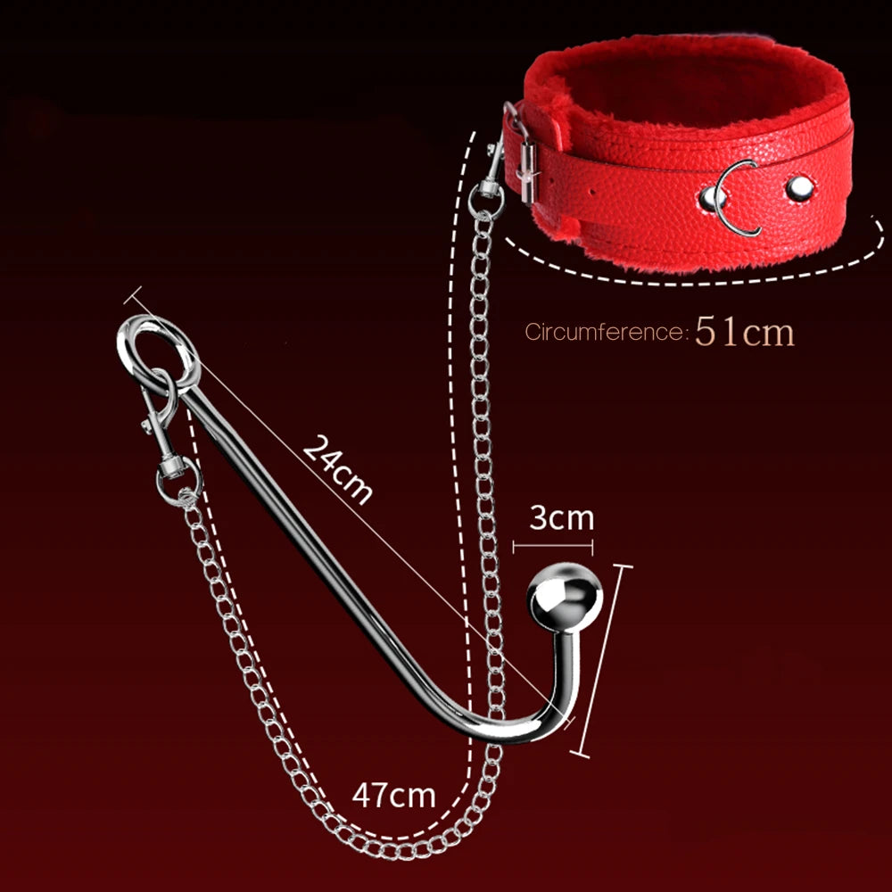 JIUAI Metal Anal Hook with Leather Collar Sexual Kits BDSM Erotic Bondage Restraint Game for Fetish Couples Adult Anal Sex Toys