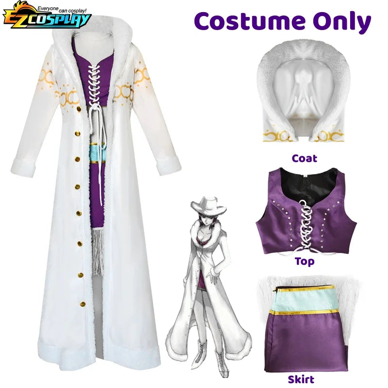 Nico Robin Cosplay Costume Anime One Piece Purple Dress Uniform Long Fur White Cloak Punk Outfit Halloween for Adult