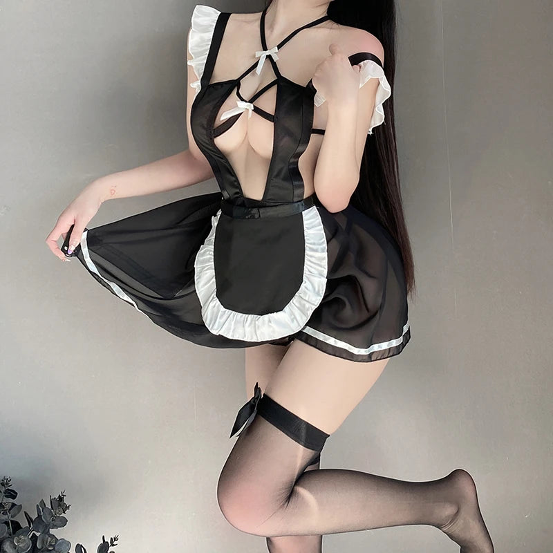 Sexy Lingerie Women's Role Play Babydoll Dress Hollow Out Cosplay Costumes Maid Uniform French Hot Apron Wild Sweet Servant Set