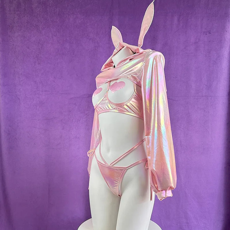 Sexy Lingerie Anime Bunny Girl Cosplay Pink Laser Patent Leather Bikini Rabbit Girl Shiny Halloween Underwear