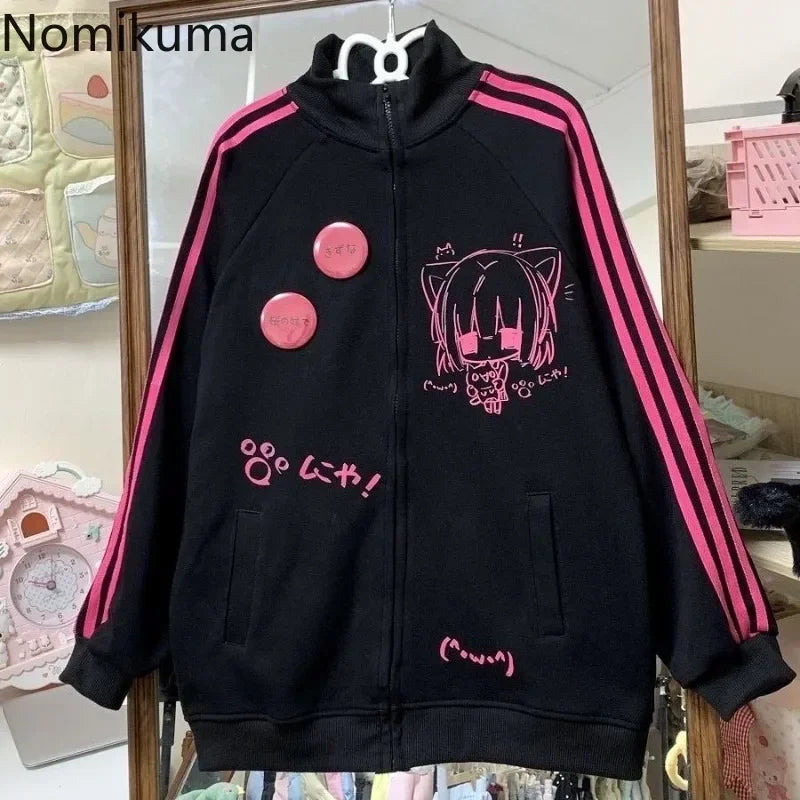 2025 Ropa Mujer Stand Neck Sweatshirts Women Clothing Long Sleeve Casual Anime Print Tops Fashion Japanese Oversized Y2k Hoodies