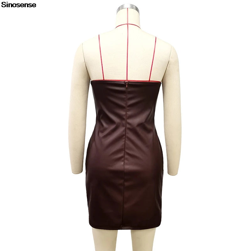 Women Bodycon Pu Leather Black Ruched  Dress Sexy Strapless Faux Leather Tube Top Mini Dress Y2K Night Club Party Dress