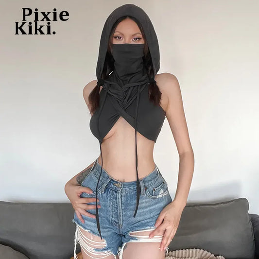 PixieKiki Hooded Cross Crop Top Rave Clothes Y2k Women Streetwear Sexy Clubbing Irregular Tank Tops P71-CZ17