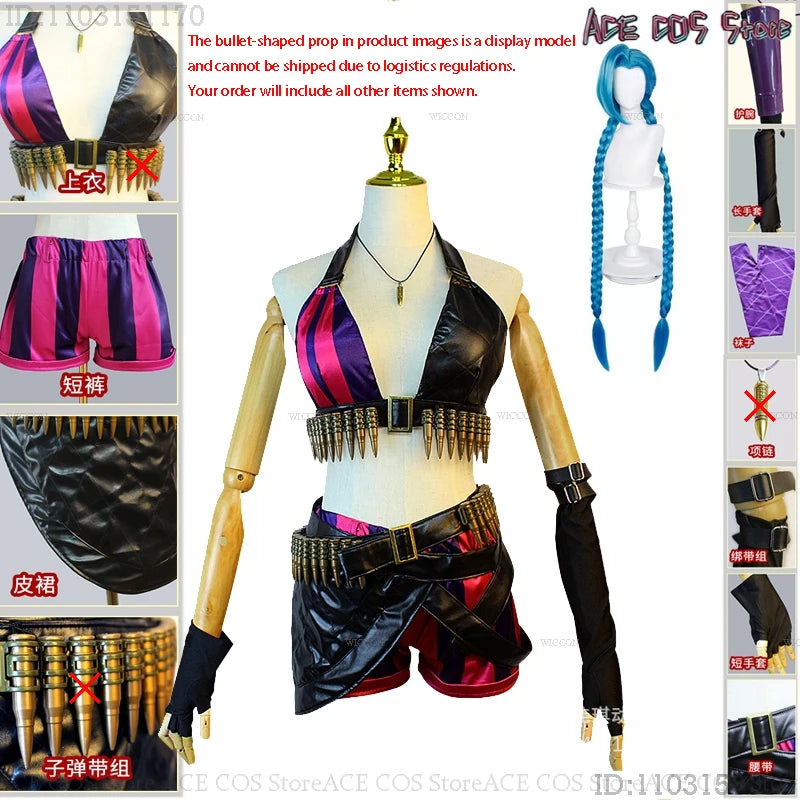 Game LOL Arcane Jinx Cosplay Costumes Wig Shorts Women bullets Decor Pow-Pow Powder Anime Game Halloween Party Roleplay