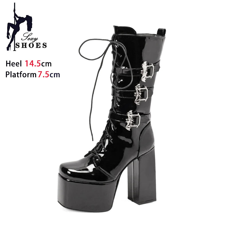 Gothic Style Black Boots Punk Winter Platform Shoes Club Nightclub Sexy Super High Heels Buckle Mid Boots Women Plus Size 43 46