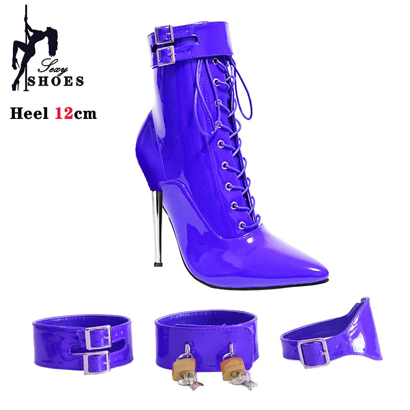 New High Heel 12cm Stilleto Sexy Ankle Boots Pointed Toe Two Lockable Padlocks Women Shoes T Show Thin High Heels Plus Size