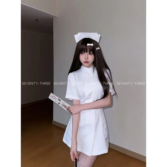 Anime Movie Sexy Nurse Suits Uniform Cosplay Womens Lolita Sexy Costumes Short Sleeve Dress&Hat Set Halloween Cos Party Gifts