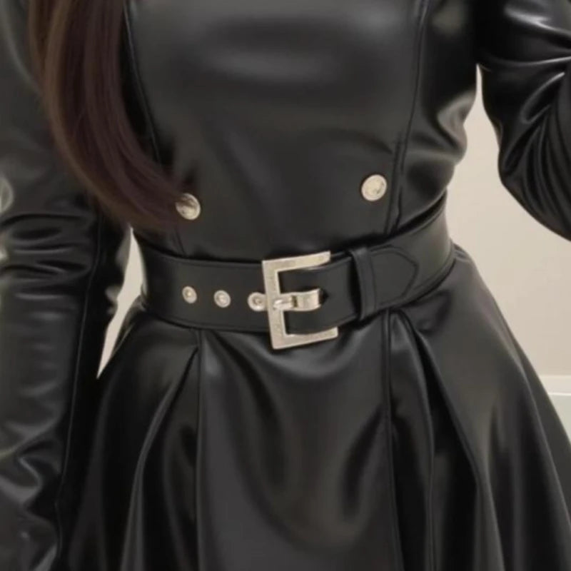 2025 New American Retro Sexy Black PU Leather Design Woman Dress Y2k Belted Slim Fit Female Punk Gothic Style Clubwear Outfits