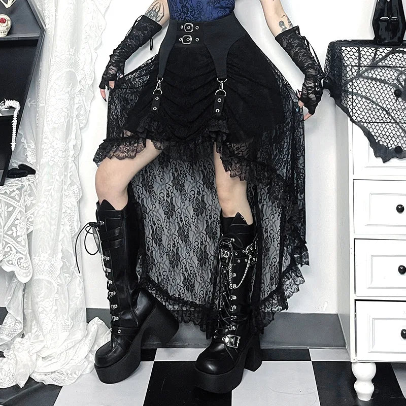 Goth Dark Irregular Hem Lace Patchwork Skirts Fairy Grunge Metal Buckle Zip Streetwear Chic Bottoms Mall Gothic Women Alt Skirts