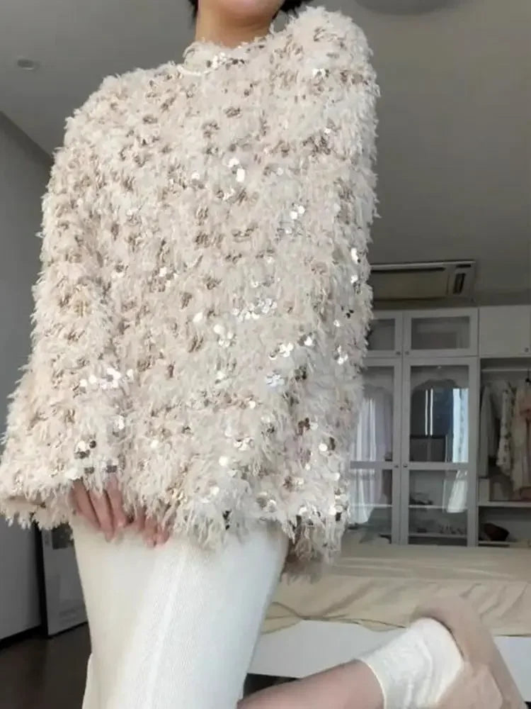 Long Sleeve Top Oversized Sweater Sueter Mujer Y2k Clothes  Pullover Heavy Industry Feather Sequin Sweaters Women New