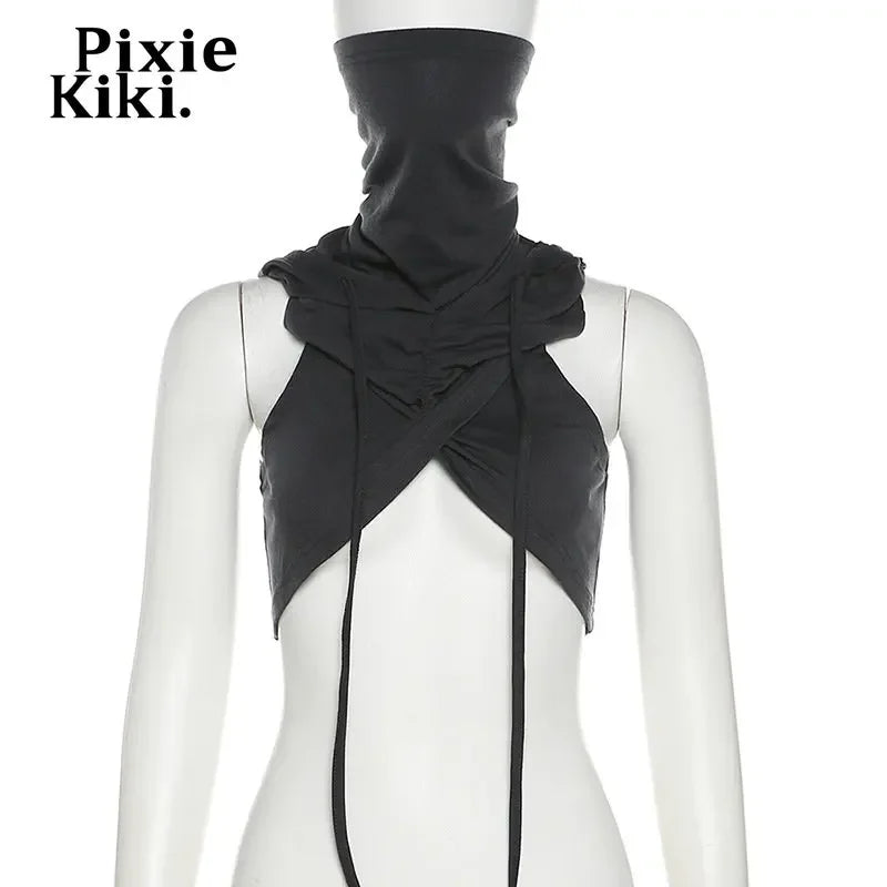 PixieKiki Hooded Cross Crop Top Rave Clothes Y2k Women Streetwear Sexy Clubbing Irregular Tank Tops P71-CZ17