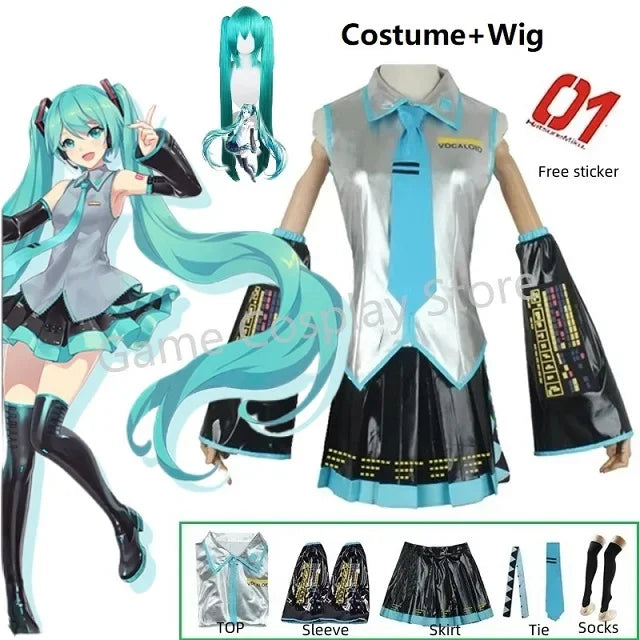 Miku Cosplay Silver Leather Fabric Suit Hatsune Miku Cosplay Headwear Costume JK Sailor Dress High School Halloween Uniform Wig
